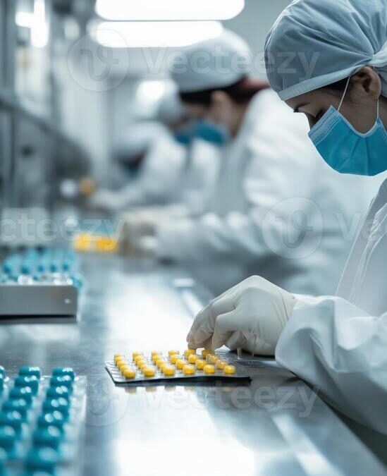 laboratory technicians work diligently in a pharmaceutical facility during the production of medication in the early morning photo