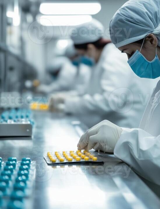 laboratory technicians work diligently in a pharmaceutical facility during the production of medication in the early morning photo